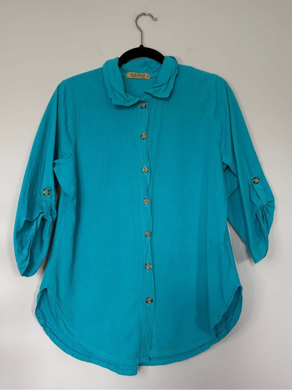 Vintage Ezze Wear Turquoise/Blue Button Up Made in Canada 100% Cotton Textured